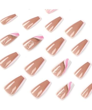 Justotry 24 Pcs Heart Fake Nails - Long French Press on Nails, Trendy Swirl Ballerina Stick on Nails - Women's White Acrylic Coffin False Nails Medium with Glue for Nail Art - Buy Online on GoSupps.com