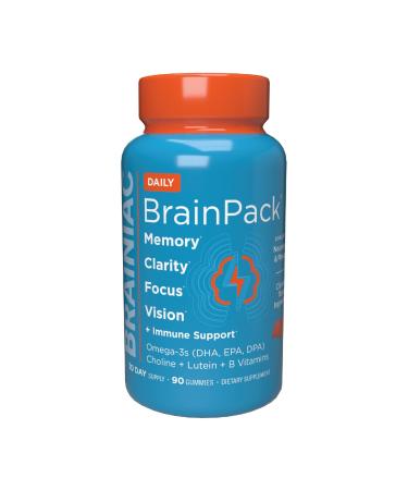 Brainiac Daily BrainPack Gummies Supports Brain Health with Omega 3 DHA EPA DPA Choline B6 & B12 and Lutein for Eye Health with Immune Support Citrus Berry Flavor 90 ct 90 Count (Pack of 1) Daily BrainPack