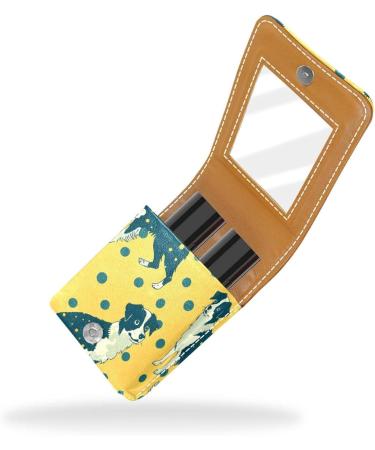 Stylish Lipstick Case with Mirror - Leather Lip Gloss Organizer Featuring Border Collie on Yellow Background - Buy Online on GoSupps.com