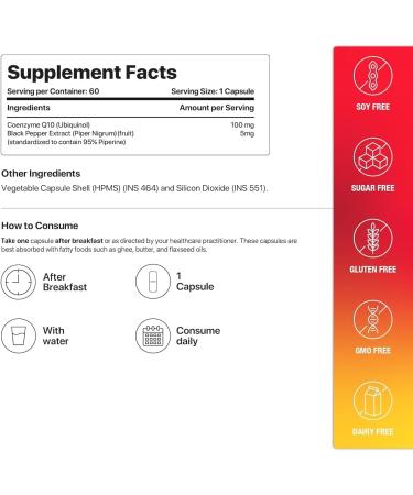 YANG CoQ10 100mg | Coenzyme Q10 with Piperine | 99% Pure | Higher Energy Levels | Antioxidant | Healthy Heart (60 Vegan Capsules) - Buy Online on GoSupps.com