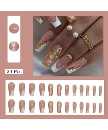 Medium Square Press on Nails - Gold Foil French Tip False Nails | 24 Pcs Stick on Glitter Acrylic Nails for Women & Manicure Art - Buy Online on GoSupps.com