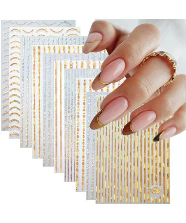 10 Sheets Gold Nail Art Stickers Line 3D Metallic Nail Stickers Self-Adhesive Nail Decals Holographic Glitter Gold Silver Metal Strip Nail Art Design for Women Girls Acrylic Nails Supplies Decoration