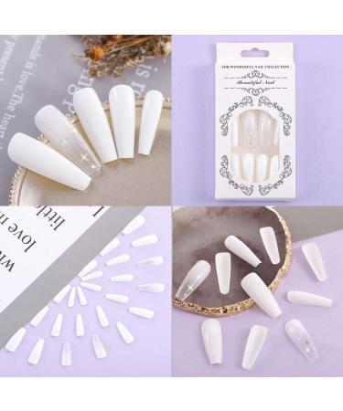 Sethexy Long White Ballerina False Nails - Glossy Coffin Acrylic Nail Tips with Glue for Women & Girls (24 pcs) - Buy Online on GoSupps.com