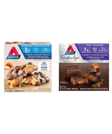 Atkins Snack Bars - Caramel Chocolaty Nut Roll 2g Sugar Keto-Friendly High Fibre 5 count & Endulge Treats Milk Chocolate Caramel Squares 1g Sugar Keto-Friendly High Fibre 15 count Caramel Chocolaty Nut Roll + Endulge Treats