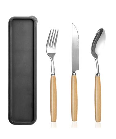 Portable Utensils Set with Case,Reusable Office Flatware Silverware Set,Healthy & Eco-Friendly Stainless Steel&Wood Full Size Fork,Spoon,Knife Cutlery Ideal for Travel,Lunch Box and Camping Wooden&Stainless steel(One Set)