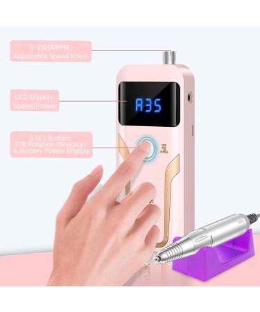 Portable Nail Drill Professional 35000 RPM Rechargeable Electric File for Acrylic Nails - Cordless Efile with Bits Kit in Pink | Ideal for Manicure Salon/Home Use - Buy Online on GoSupps.com