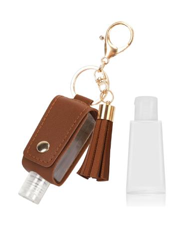 Songaa Hand Sanitizer Holder Travel Size - 1oz/30ml Leather Sanitizer Holder with Empty Bottle Portable RefillableSmall Squeeze Bottle with Keychain Brown