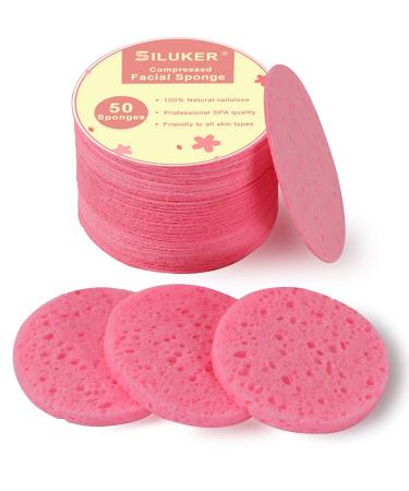 50-Count Compressed Facial Sponges for Daily Cleansing and Gentle Exfoliating, 100% Natural Cellulose Spa Sponge Perfect for Removing Dead Skin, Dirt and Makeup Pink
