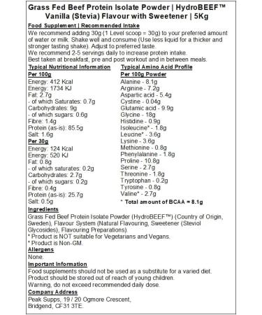 Grass Fed Beef Protein Isolate 95% - HydroBEEF | Vanilla Stevia Flavour (5kg) Vanilla 5kg - Buy Online on GoSupps.com