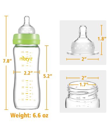 Matyz 8oz Glass Baby Feeding Bottle with Nipple - BPA Free, Easy to Hold & Clean - Green Lids - Wide Neck Breastmilk Bottle - Buy Online on GoSupps.com