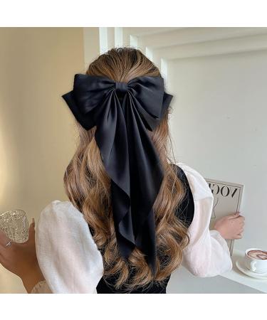 Black Hair Bow Set - 5 Oversized Satin Ribbon Hair Clips for Women and Girls | French Barrettes Hair Accessories Gift - Buy Online on GoSupps.com