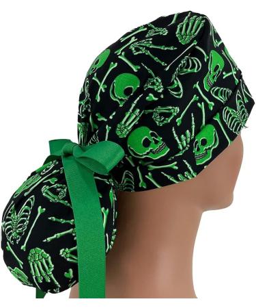 Glow in The Dark Skulls Ponytail Scrub Cap - Bouffant Surgical Hat for Women & Nurses - Buy Online on GoSupps.com