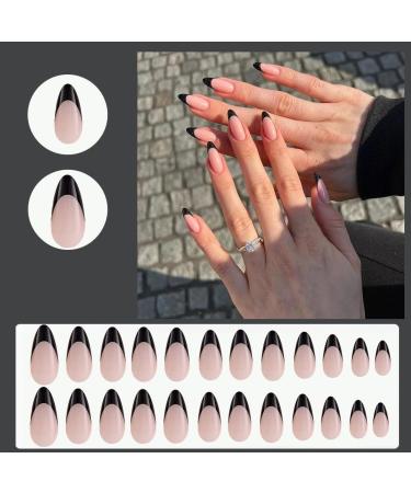 24 Pcs Glitter Black Stiletto Short False Nails French Press on Nails with Nail Glue - Almond Medium Stick on Nails for Women - Buy Online on GoSupps.com