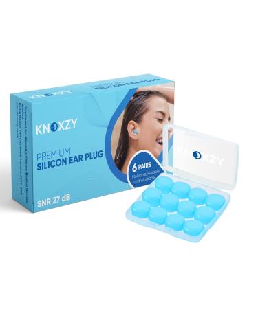 Knoxzy Silicone Ear Plugs for Sleeping  Re-Usable  Waterproof  SNR   27dB Noise Cancelling Premium Moldable EarPlugs for Sleeping  Travelling  Studying  Concerts  Motorcycle  Noise Reduction Blue 6 Pair (Pack of 1)