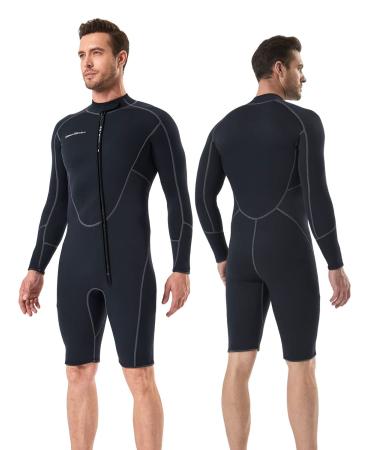 Seaskin 3mm Long Sleeve Shorty Wetsuit for Mens Black X-Large