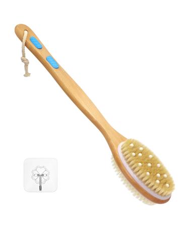 Wonderwin Double-Sided Long Handle Wooden Body Brush with Stiff and Soft Bristles, Back Scrubber for Shower, Exfoliating Brush to Exfoliate & Soften Skin, Dry and Wet Brushing Blue Non-Slip Rubber