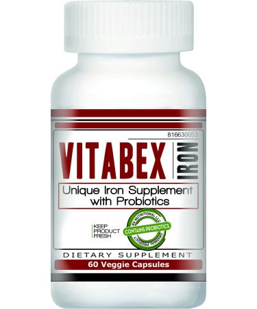 Vitabex Iron | Iron Supplement | Iron B12 FA VIT C | Probiotics | Non-GMO | Easy to Swallow | 60 Veggie Capsules