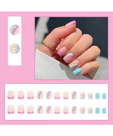 Yoolly 24pcs Short Square False French Tip False Nails Stick on Nails Glitter Press on Nails Removable Glue - on Fake Nails Acrylic Full Cover Nails Women Girls Nail Art Accessories (Rainbow Ripple) - Buy Online on GoSupps.com