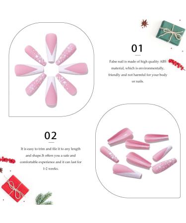 Handcess Christmas Coffin False Nails - Matte Long Ballerina Snowflake Design - 24Pcs White Pink French Acrylic Press on Nails for Women and Girls - Buy Online on GoSupps.com