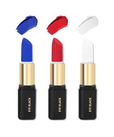 Eye Black Face Paint Kit Eye Black Stick for Football Baseball Softball Lacrosse Blue Red White Facepaint Lipstick for Christmas Cosplay USA France Flag Makeup Waterproof Blendable Body Paint Stick Set 4- Blue+Red+White