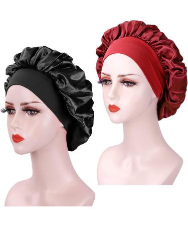 AliLeader Silk Bonnet for Sleeping 2Pcs - Colorful Satin Sleep Cap for Curly Hair - Black/Wine - Buy Online on GoSupps.com