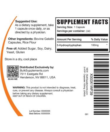 BulkSupplements.com 5-HTP Capsules - 5-Hydroxytryptophan Amino Acid Supplement - Gluten Free 1 Capsule per Serving 240 Count (Pack of 1) - Buy Online on GoSupps.com