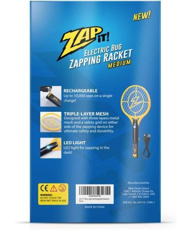 ZAP IT Rechargeable Bug Zapper Racket - 4000 Volt with Blue Light Attractant - USB Charging Cable - Medium Yellow - Buy Online on GoSupps.com