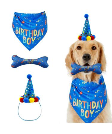 IDOLPET Dog Birthday Boy Bandana Hat Toy Set Pet Happy Birthday Party Supplies Triangle Bibs with Cute Bone Dog Birthday Scarf Accessories and Decoration for Doggy Large Dog  Blue