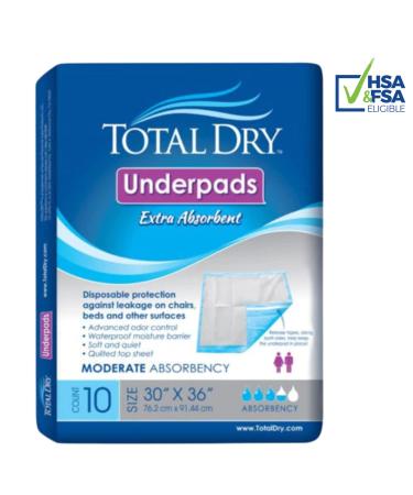 TotalDry Incontinence Bed Pads  FSA HSA Approved Disposable Underpads 30X30 Inches  Extra Absorbent Waterproof Mattress Protector  Pads for Beds for Incontinence Adults(10 Count) 30x30 Inch (Pack of 10)
