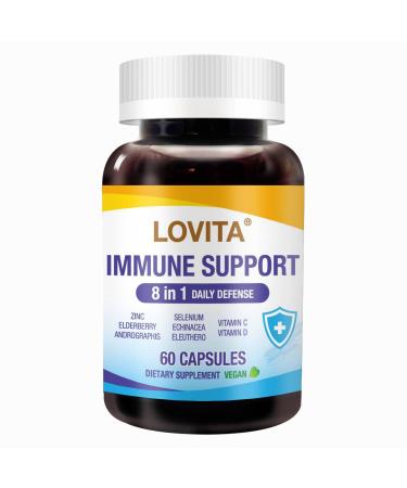 Lovita Immune Support 8 in 1 Daily Defense Elderberry with Zinc Vitamin C&D Echinacea Selenium Andrographis & Siberian Ginseng Extract 60 Vegan Capsules 60 Count (Pack of 1) Standard Package
