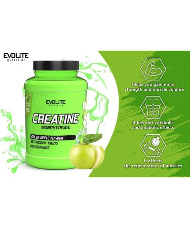 Evolite Nutrition Creatine Monohydrate 1000g - Green Apple Flavored Pre Workout Booster Powder with Taurine - Enhance Performance & Recovery - Buy Online on GoSupps.com