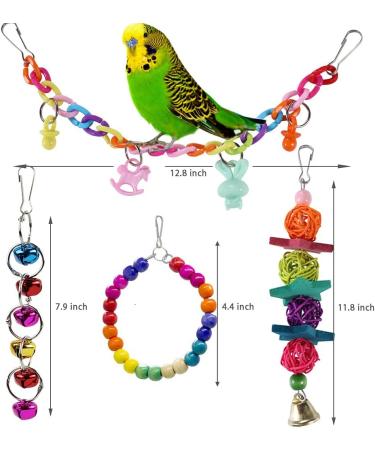 Hanging Bell Bird Cage Swing Toy Set for Small Parakeets, Cockatiels, Conures - 8Pcs Wooden Perch & Chewing Toys for Budgies, Lovebirds, Macaws | Bird Parrot Toys - Buy Online on GoSupps.com