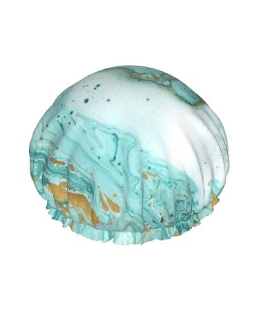 Teal And Gold Marble Reusable Shower Capfor Long Hair  Double-Layer Fabric With Elastic Hem  Washable Hair Caps For Women/Girls One Size Teal And Gold Marble