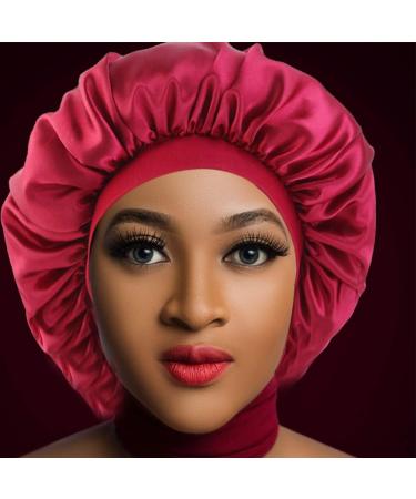 2PCS Satin Silk Extra Large Bonnet Sleep Cap Set for Black Women - Wine Red & Black - Buy Online on GoSupps.com