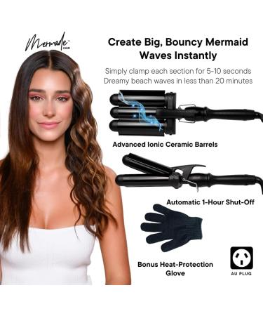 Mermade Hair PRO 32mm Black Triple Barrel Deep Waver - Salon Quality Curling Iron for Mermaid Loose Beach Curls & Waves - Buy Online on GoSupps.com
