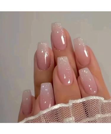 Bkemkri Bkemkri Set of 24 stick-on false nails soft gel French manicure acrylic pink and white gradient for women and
