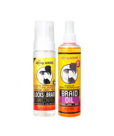 AllDay Locks Braid Foam (8 oz) & Braid Oil (8 oz) Bundle | Long Lasting Style Protection & Shine | Moisturizes Rejuvenates & Seals Braids Locks Twists Cornrows
