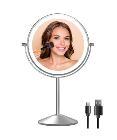 Lighted Makeup Mirror with Magnification, Rechargeable Double Sided 10X Magnifying Mirror with Light, 8 Inch Makeup Vanity Mirror with 3 Light Setting, Touch Control, Desktop Cosmetic Light Up Mirror Chrome