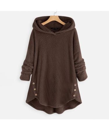 Bigfanshu Womens Sweaters Solid Fleece Asymmetrical Button Hem Plus Size Hoodie Top Sweater Blouse Coffee - Buy Online on GoSupps.com