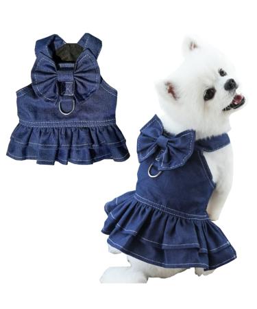 ANIAC Dog Denim Dresses for Small Medium Dogs Puppy Girl Clothes with Leash Ring and Cute Bow Knot Summer Cat Apparel with D-Ring Pet Dog Walking Harness Skirt (Skirt, Small) Skirt Small