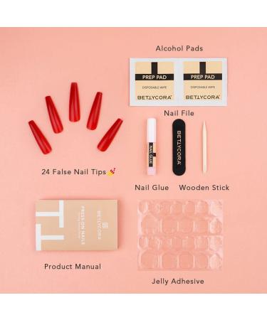 BettyCora Extra Long XXXL Coffin Press On Nails Kit - Rose Red | Fake Nails with Glue & Adhesive Tabs | Acrylic False Nail Tips Set - 12 Sizes - Buy Online on GoSupps.com