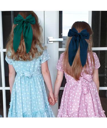 Satin Hair Bows Set - 4 Pieces Soft Ribbon Clips for Women & Girls | Large Bow Hair Barrettes in Green & Navy Blue - Long Tail Hair Accessories - Buy Online on GoSupps.com