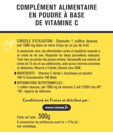 Vitamine C en Poudre Vimee - Acide L-Ascorbique Pur et Naturel Extra Soluble - Compl ment Alimentaire Immunit Energie Stress - 500 G - 500 Jours 500 g (Lot de 1) - Buy Online on GoSupps.com