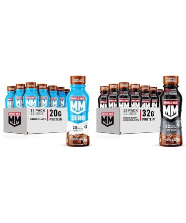 Muscle Milk Zero Protein Shake & Pro Advanced Nutrition Protein Shake Bottle + Protein Shake Knockout Chocolate Chocolate 11.16 Fl Oz (Pack of 12)