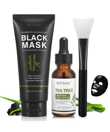 SHVYOG Blackhead Peel Off Face Mask, 3-in-1 Blackhead Remover Mask with Brush & Tea Tree Oil Serum, Charcoal Face Mask for Deep Cleansing Blackheads, Dirts, Pores, Skin Oil (100g+30ml)