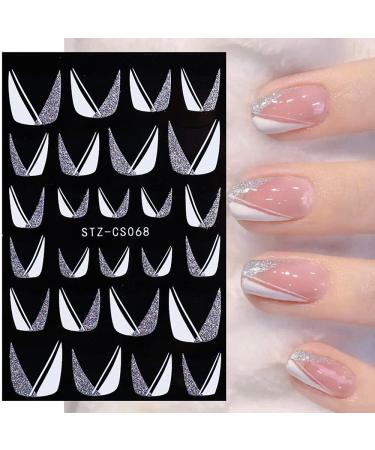 French Nail Art Stickers Decals for Women Metal Golden Line Nail Supply 3D Self-Adhesive Sparkly White Blue Heart Wave Glitters Strips Lines French V Design Manicure Tips Nail Art Decoration 7 Sheets French a