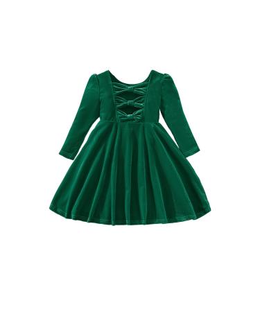 Miipat Baby Girls Velvet Dress Toddler Girl Long Sleeve Dresses Fall Winter Elegant Kids Princess Birthday Party Wedding Dress 5-6 Years Green