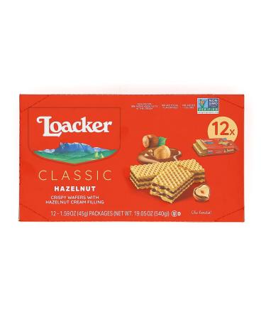Loacker Premium Hazelnut Wafer Cookies| Multipack of 12 snacks | Crispy wafer fingers with creme-filling | 100% Italian Hazelnuts |Non GMO | No artificial flavorings, added colors or preservatives | perfect snack for lunchbox & coffee break 19.05 oz Hazel