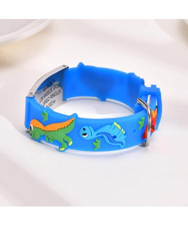 Customizable Kids Medical ID Bracelet - Blue and White Dinosaur Silicone Wristband with Alert Badge - 5.1''-6.5 - Buy Online on GoSupps.com