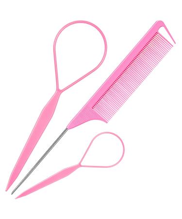Hair Tail Tools, TsMADDTs 3Pack Hair Loop Tool Set with 2Pcs French Braid Tool Loop 1Pcs Rat Tail Comb Metal Pin Tail Braiding Comb for Hair Styling, Pink A-Pink